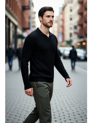 PayBuy Erkek Ekru Fitted Polo Yaka Uzun Kollu Ince Triko Kazak Basic Şık Günlük Kombinler Için Ideal