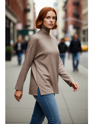 PayBuy Kadın Oversize Balıkçı Yaka Düşük Kol Akrilik Triko Kazak Kış Sezonu Için Uzun Basic Model