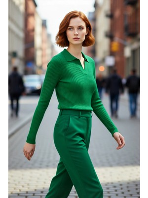 PayBuy Kadın Regular Kalıp Polo Yaka Fitilli Uzun Kollu Triko Kazak Basic Şıklık Sunan Kışlık Tasarım