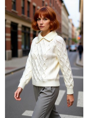 PayBuy Kadın Ekru Regular Kalıp Gömlek Yaka Saç Örgü Desenli Düşük Kollu Uzun Triko Kazak Kışlık Stil