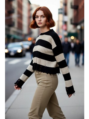 PayBuy Kadın Oversize Bisiklet Yaka Çizgili Crop Akrilik Triko Kazak Akıtma Detaylı Rahat Şıklık Kaliteli