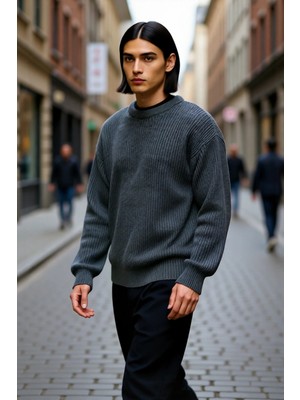 PayBuy Erkek Oversize Kalıp Bisiklet Yaka Basic Selanik Dokulu Kalın Triko Kazak Kışlık Günlük Giyim Için