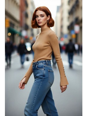 PayBuy Kadın Fitted Dik Yaka Uzun Kollu Fitilli Dokuma Triko Kazak Casual Basic Şıklık Sunar Kaliteli