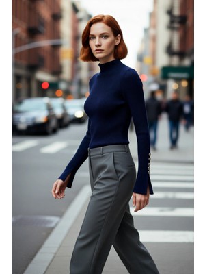 PayBuy Kadın Fitted Dik Yaka Uzun Kollu Fitilli Dokuma Triko Kazak Casual Basic Şıklık Sunar Kaliteli