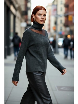 PayBuy Kadın Regular Kalıp Uzun Kol Choker Yaka Tül Detaylı Triko Kazak Soğuk Havalar Için Şık Kombinler