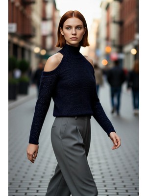 PayBuy Kadın Simli Dik Yaka Reglan Kol Regular Kesim Triko Omuz Açık Detaylı Şık Kışlık Kazak Kaliteli