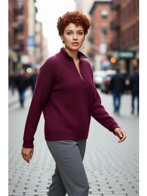 PayBuy Kadın Oversize Düşük Kol Fermuarlı Dik Yaka Triko Selanik Örgü Basic Uzun Kollu Kazak Kaliteli