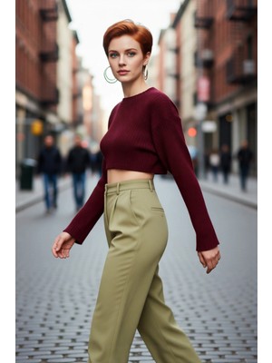 PayBuy Kadın Basic Regular Kalıp Bisiklet Yaka Triko Super Crop Uzun Kol Kazak Günlük Şıklık Için