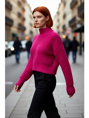 PayBuy Kadın Oversize Crop Dik Yaka Uzun Düşük Kol Kalın Selanik Örgü Triko Kışlık Kazak Kaliteli