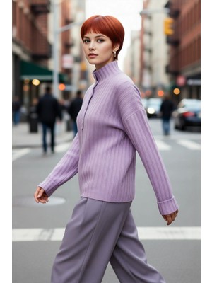 PayBuy Kadın Oversize Kesim Düşük Kol Dik Yaka Fitilli Triko Kazak Kışlık Rahat ve Şık Günlük Kombinler