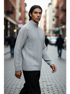 PayBuy Unisex Regular Fit Fermuarlı Yarım Balıkçı Yaka Kalın Saç Örgü Triko Kazak Kışlık Kombinlerinize