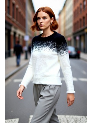 PayBuy Kadın Degrade Desenli Bisiklet Yaka Regular Kalıp Uzun Kollu Tüylü Triko Kazak Kışlık Kombinlerin