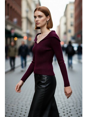 PayBuy Kadın Devrik Yaka Fitted Fitilli Triko Bluz Uzun Kol Crop Boy Ilkbahar Sonbahar Günlük Şıklığı
