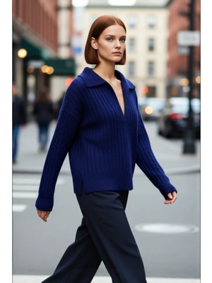 PayBuy Kadın Oversize Polo Yaka Düşük Kol Fitilli Triko Kazak Kışlık Günlük Şıklığı Tamamlayan Konforlu