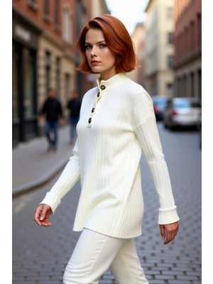 PayBuy Kadın Ekru Relaxed Fit Düğmeli Yaka Düşük Kol Triko Kazak Kış Günleri Için Ideal Şıklık Kaliteli