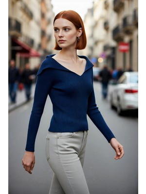 PayBuy Kadın Devrik Yaka Fitted Fitilli Triko Bluz Uzun Kol Crop Boy Ilkbahar Sonbahar Günlük Şıklığı