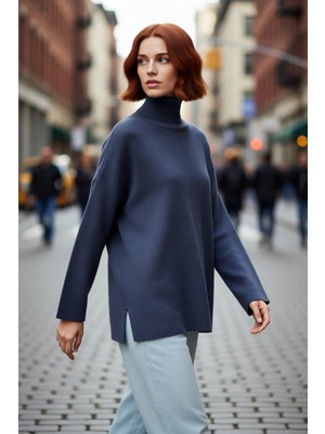 PayBuy Kadın Oversize Balıkçı Yaka Düşük Kol Akrilik Triko Kazak Kış Sezonu Için Uzun Basic Model