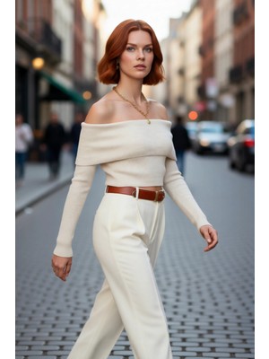 PayBuy Kadın Ekru Carmen Yaka Fitted Crop Triko Kazak Ilkbahar Sonbahar Için Şık ve Basic Tasarım