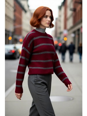 PayBuy Kadın Oversize Bisiklet Yaka Çizgili Crop Triko Kazak Düşük Kollu Rahat Kışlık Kombinler Için