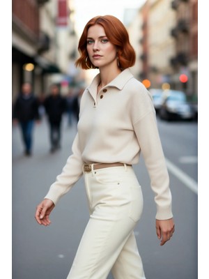 PayBuy Kadın Oversize Polo Yaka Düşük Kol Basic Triko Kazak Kış Sezonu Için Konforlu ve Şık Bir Tercih