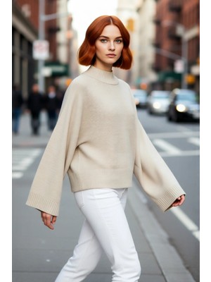 PayBuy Kadın Oversize Dik Yaka Ispanyol Kol Akrilik Triko Kazak Soğuk Havalarda Rahat ve Şık Kaliteli