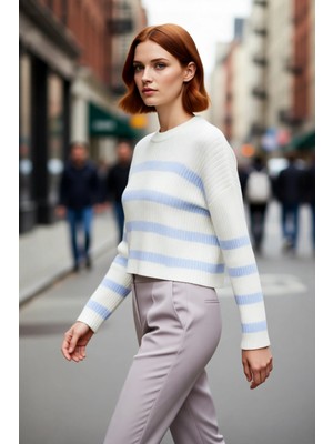 PayBuy Kadın Oversize Kalıp Gri Çizgili Bisiklet Yaka Crop Triko Kazak Uzun Düşük Kol Detaylı Kaliteli