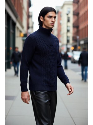 PayBuy Erkek Regular Kesim Dik Yaka Uzun Kollu Fermuar Detaylı Saç Örgü Triko Kışlık Kazak Kaliteli