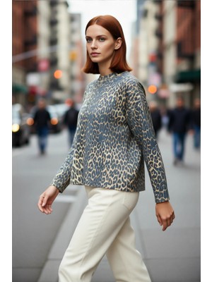 PayBuy Kadın Oversize Leopar Desenli Bisiklet Yaka Düşük Kollu Akrilik Polyester Triko Kazak Rahat Şıklık