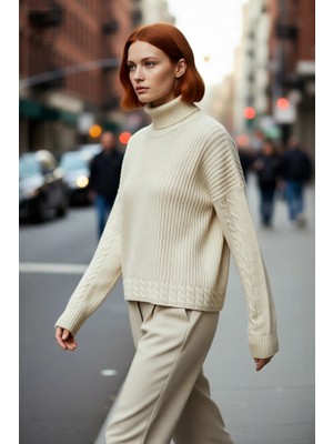 PayBuy Kadın Oversize Balıkçı Yaka Triko Kazak Kış Günleri Için Konforlu Düşük Kol Saç Örgülü Tasarım