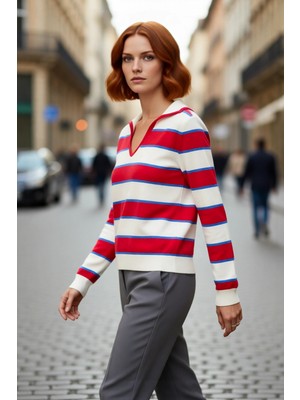 PayBuy Kadınlara Özel Regular Kalıp Polo Yaka Çizgili Ince Triko Kazak Günlük Şık Kombinler Için Ideal