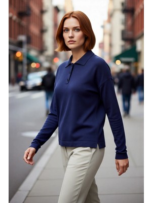 PayBuy Kadın Oversize Düşük Kol Düz Desen Polo Yaka Triko Kazak Kışlık Kombinlerin Rahat Parçası Kaliteli