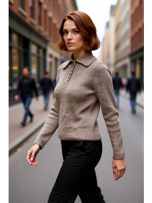 PayBuy Kadın Polo Yaka Düz Desen Regular Fit Selanik Dokuma Triko Kazak Ilkbahar Sonbahar Kış Stili