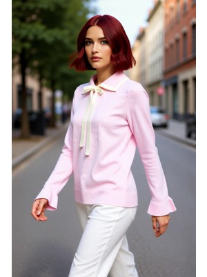 PayBuy Kadın Renk Bloklu Polo Yaka Bağcıklı Triko Kazak Uzun Kollu Klasik Şıklık ve Konfor Sunar Kaliteli