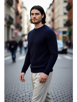PayBuy Erkek Fitted Kesim Dokulu Triko Bisiklet Yaka Uzun Kollu Basic Akrilik Kazak Kış Sezonu Için Şık ve