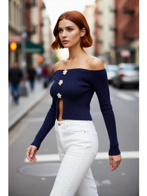 PayBuy Kadın Fitted Kayık Yaka Çiçek Düğmeli Ince Triko Kazak Ilkbahar Sonbahar Kombinlerinin Vazgeçilmezi