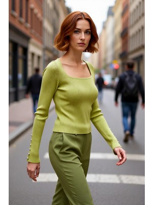 PayBuy Kadın Fitted Kare Yaka Ispanyol Kol Düğme Detaylı Fitilli Triko Kazak Ilkbahar Sonbahar Şıklığı