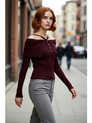 PayBuy Kadın Carmen Yaka Fitilli Fitted Triko Kazak Modern Şıklık Sunan Uzun Kollu Gündüz Gece Giyimi