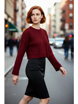 PayBuy Kadınlar Için Oversize Crop Bisiklet Yaka Fitilli Uzun Kollu Basic Akrilik Triko Kazak Ilkbahar