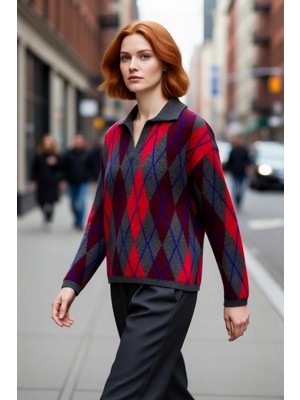 PayBuy Kadın Oversize Baklava Desenli Gömlek Yaka Kalın Triko Kazak Kışlık Düşük Kol Rahat Giyim Seçeneği