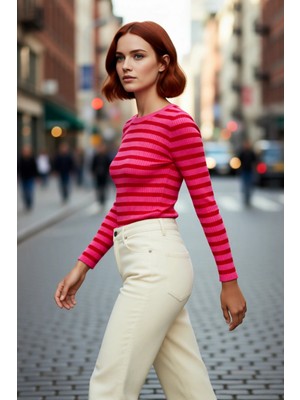 PayBuy Kadın Bisiklet Yaka Çizgili Fitted Akrilik Triko Uzun Kol Basic Günlük Kazak Stili Kaliteli