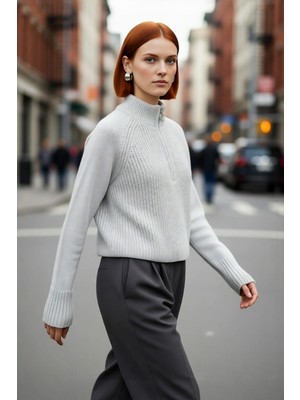 PayBuy Kadın Regular Fit Crop Dik Yaka Fermuarlı Selanik Örgü Akrilik Triko Kazak Kışlık Kombinlerin