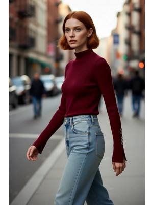 PayBuy Kadın Fitted Dik Yaka Uzun Kollu Fitilli Dokuma Triko Kazak Casual Basic Şıklık Sunar Kaliteli