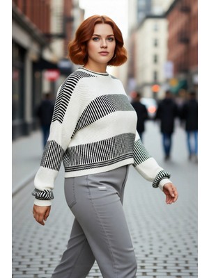 PayBuy Kadınlara Özel Relaxed Kalıp Çizgili Bisiklet Yaka Düşük Kol Crop Triko Kazak Günlük Kombinlerinize