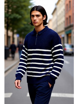 PayBuy Erkek Oversize Kalıp Lacivert Çizgili Polo Yaka Triko Kazak Kışlık Rahat Selanik Dokuma Akrilik