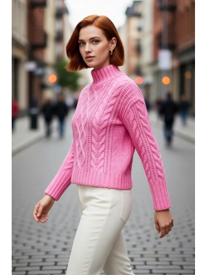 PayBuy Kadın Oversize Saç Örgü Dik Yaka Akrilik Triko Kazak Uzun Düşük Kollu Günlük Şıklık Sunar Kaliteli