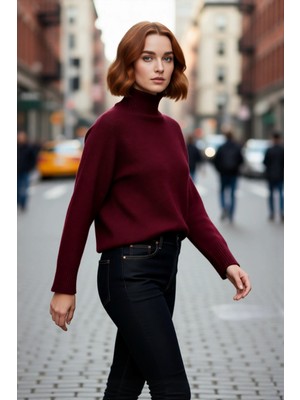 PayBuy Kadın Oversize Kalıp Dik Yaka Düz Triko Kazak Düşük Kol Detaylı Kışlık Şık Günlük Kombinler Için