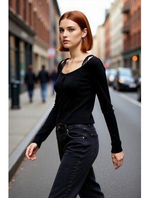 PayBuy Kadın Siyah Fitted Kayık Yaka Crop Triko Hırka Ince Düşük Kol Uzun Kollu Basic Şık Tasarım