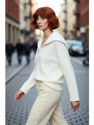 PayBuy Kadın Oversize Fermuarlı Dik Yaka Triko Kazak Düşük Kol Uzun Kış Günleri Için Ideal Model