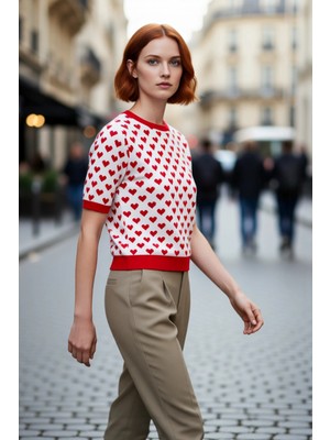 PayBuy Kadınlar Için Regular Kalıp Bisiklet Yaka Kısa Kollu Kalp Desenli Akrilik Triko Bluz Modeli