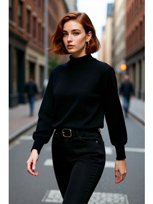 PayBuy Kadın Dokulu Dik Yaka Balon Kol Regular Kalıp Akrilik Triko Kazak Günlük ve Şık Kış Kombinleri Için